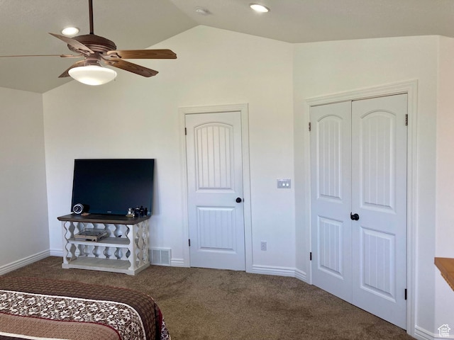 5046 W 4250 S, West Haven, UT 84401 - carpeted bedroom with ceiling fan, visible vents, baseboards, vaulted ceiling, and a closet
