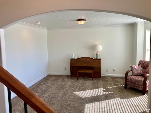 5046 W 4250 S, West Haven, UT 84401 - living area with arched walkways, crown molding, a textured ceiling, and dark colored carpet