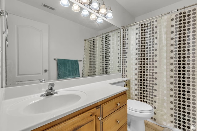 83 N 380 W, Orem, UT 84057 - bathroom featuring vanity, curtained shower, toilet, tile patterned flooring, and visible vents