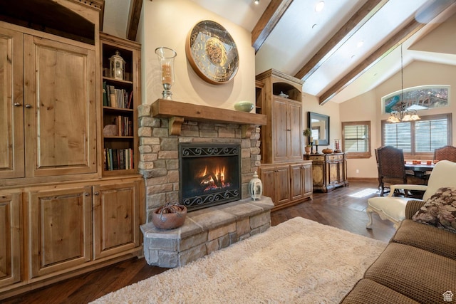10569 S Covered Bridge Dr, Spanish Fork, UT 84660 - living area featuring a chandelier, dark wood-type flooring, a stone fireplace, and baseboards