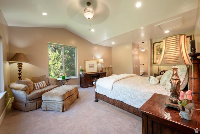 10569 S Covered Bridge Dr, Spanish Fork, UT 84660 - bedroom featuring carpet, lofted ceiling, recessed lighting, ceiling fan, and baseboards