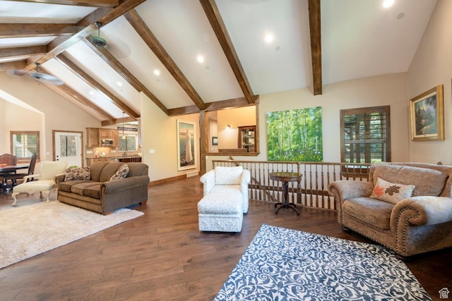 10569 S Covered Bridge Dr, Spanish Fork, UT 84660 - living area featuring high vaulted ceiling, dark wood finished floors, beam ceiling, plenty of natural light, and recessed lighting
