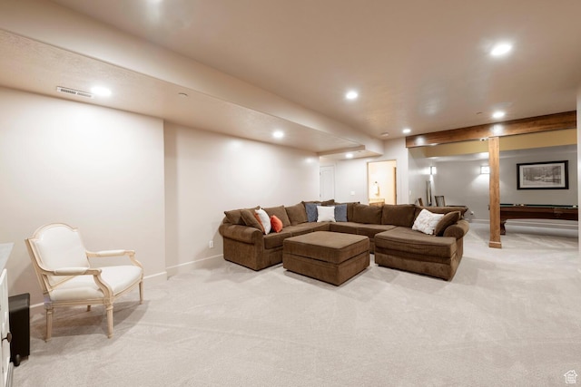 10569 S Covered Bridge Dr, Spanish Fork, UT 84660 - living room featuring light carpet, recessed lighting, and baseboards