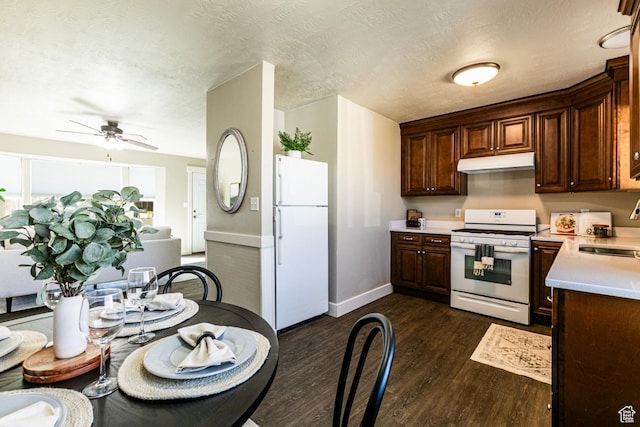 685 E 600 N, Spanish Fork, UT 84660 - kitchen with white appliances, under cabinet range hood, light countertops, dark wood-style flooring, and ceiling fan