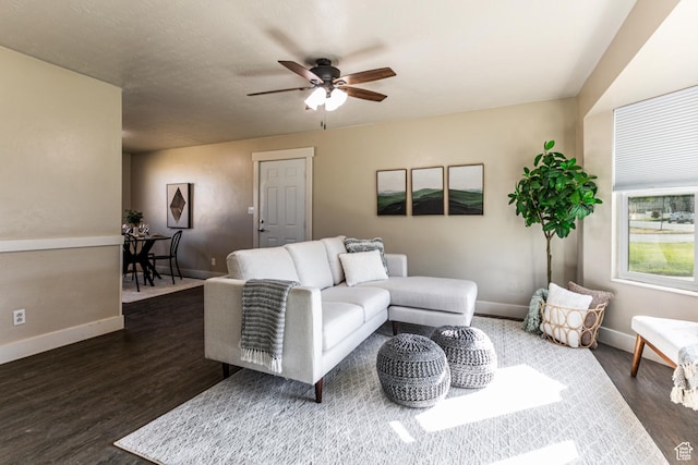 685 E 600 N, Spanish Fork, UT 84660 - living room featuring dark wood-style flooring, a ceiling fan, and baseboards