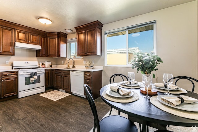 685 E 600 N, Spanish Fork, UT 84660 - kitchen with white appliances, under cabinet range hood, light countertops, a sink, and dark wood finished floors
