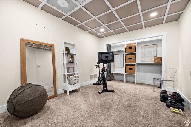 875 S Donner Way E Unit 111, Salt Lake City, UT 84108 - workout room featuring carpet flooring, visible vents, coffered ceiling, baseboards, and recessed lighting