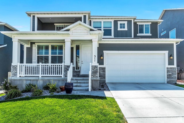 view of front of home featuring board and batten siding, driveway, stone siding, a porch, and a garage