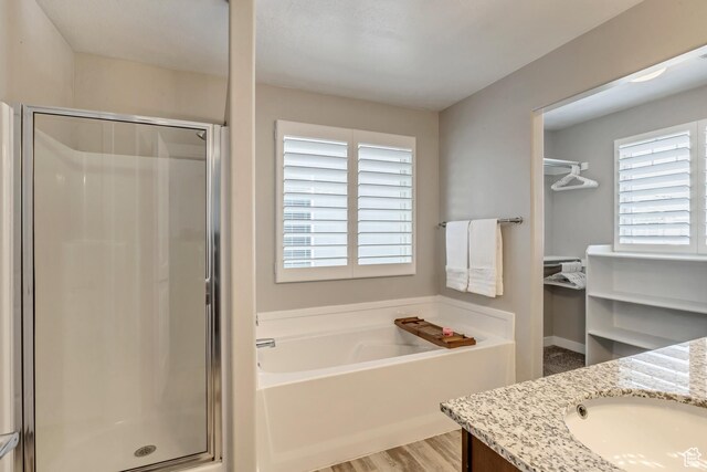 bathroom with a garden tub, vanity, a shower stall, and a healthy amount of sunlight