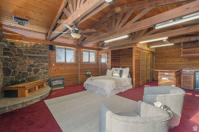 3640 E Aurora Cir, Salt Lake City, UT 84124 - bedroom with vaulted ceiling with beams, wooden ceiling, wood walls, and heating unit