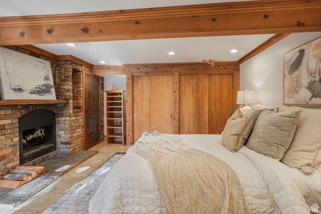 3640 E Aurora Cir, Salt Lake City, UT 84124 - bedroom featuring ornamental molding, recessed lighting, beam ceiling, and a fireplace
