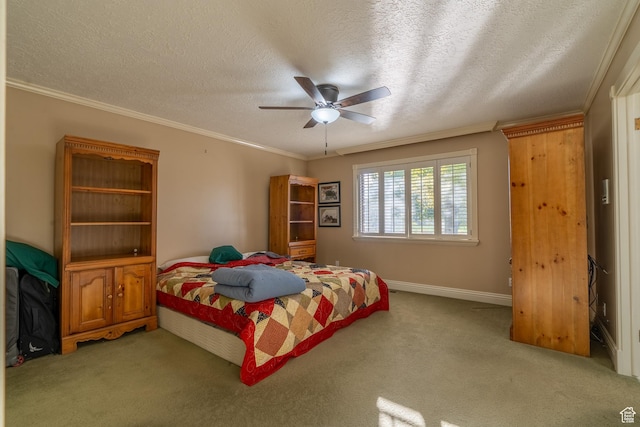 452 S 100 W, Salina, UT 84654 - carpeted bedroom featuring baseboards, ornamental molding, a textured ceiling, and ceiling fan