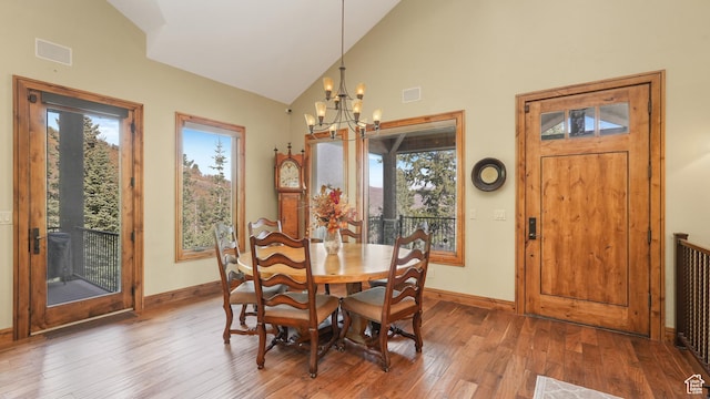 4170 Moosehollow Rd, Park City, UT 84098 - dining space with a chandelier, plenty of natural light, wood-type flooring, and high vaulted ceiling
