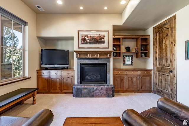 3126 Lower Saddleback Rd, Park City, UT 84098 - living room with recessed lighting, a glass covered fireplace, visible vents, and light colored carpet