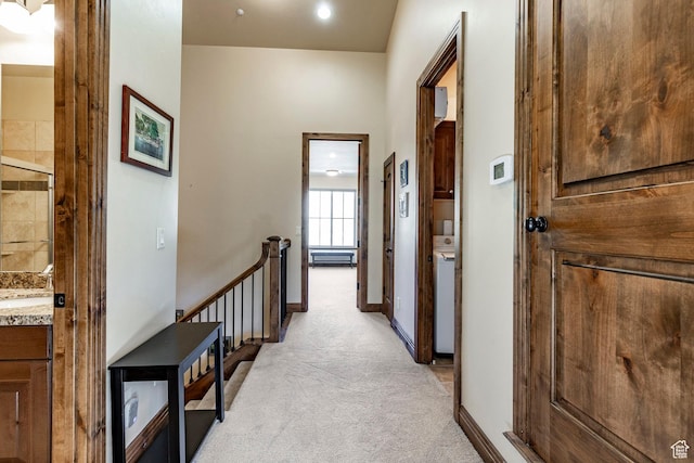 3126 Lower Saddleback Rd, Park City, UT 84098 - corridor with light colored carpet, baseboards, an upstairs landing, and a sink