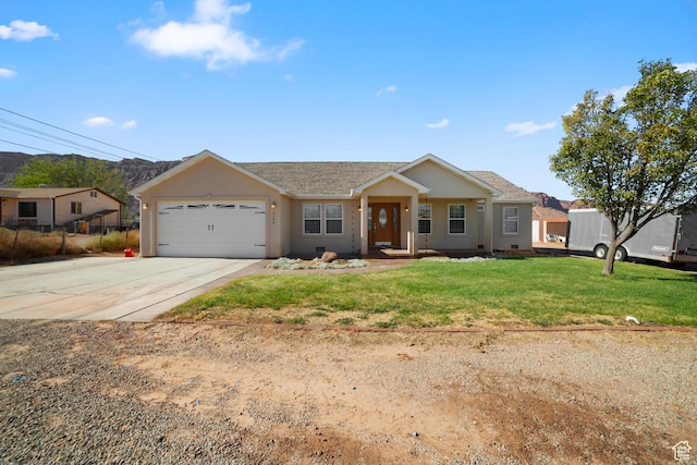 single story home with an attached garage, concrete driveway, a front yard, stucco siding, and a shingled roof