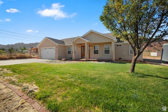 single story home with driveway, stucco siding, a garage, and a front lawn