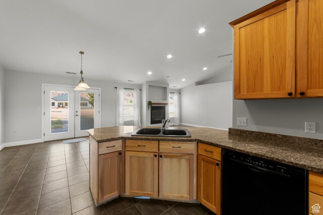 2304 Spanish Valley Dr, Moab, UT 84532 - kitchen featuring black dishwasher, a sink, a peninsula, recessed lighting, and dark tile patterned flooring