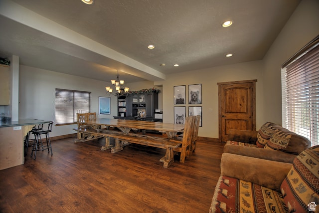 21 Gentle Ben Cir, Fish Haven, ID 83287 - dining space with a notable chandelier, a textured ceiling, and dark hardwood / wood-style flooring