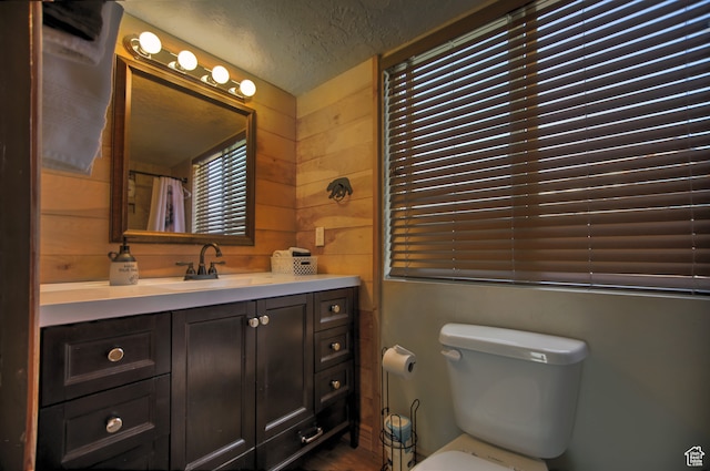 21 Gentle Ben Cir, Fish Haven, ID 83287 - bathroom featuring toilet, a textured ceiling, wooden walls, and vanity