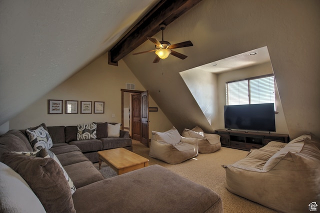 21 Gentle Ben Cir, Fish Haven, ID 83287 - living room with lofted ceiling with beams, carpet flooring, and ceiling fan