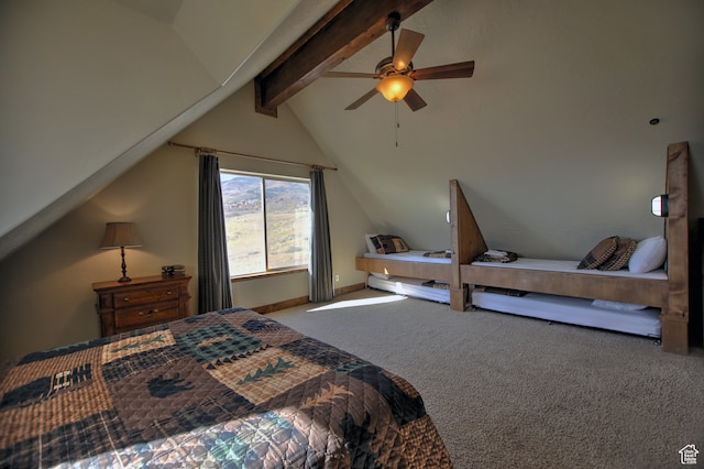 21 Gentle Ben Cir, Fish Haven, ID 83287 - bedroom featuring ceiling fan, carpet flooring, and vaulted ceiling with beams