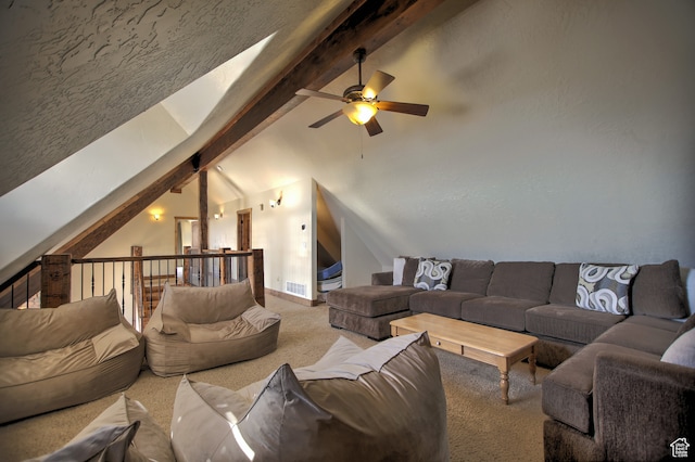 21 Gentle Ben Cir, Fish Haven, ID 83287 - living room featuring beam ceiling, light carpet, high vaulted ceiling, and ceiling fan
