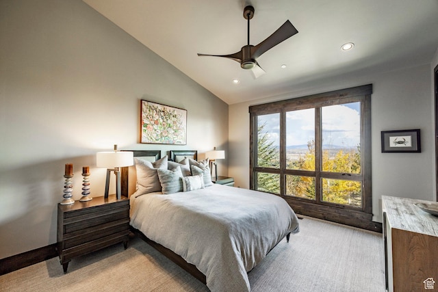 1159 Snow Berry St, Park City, UT 84098 - bedroom featuring vaulted ceiling, light carpet, a ceiling fan, and recessed lighting