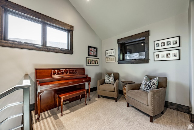 1159 Snow Berry St, Park City, UT 84098 - sitting room featuring vaulted ceiling, carpet flooring, and baseboards