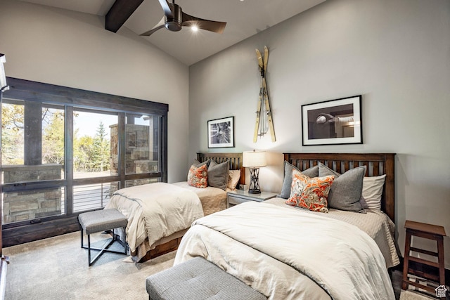 1159 Snow Berry St, Park City, UT 84098 - bedroom featuring ceiling fan, carpet flooring, beam ceiling, and high vaulted ceiling