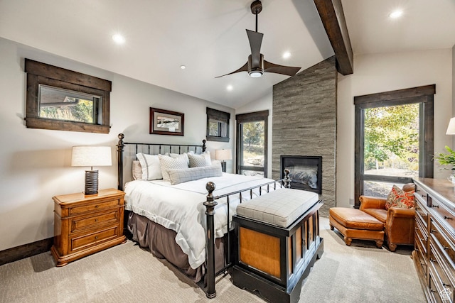 1159 Snow Berry St, Park City, UT 84098 - bedroom with light colored carpet, multiple windows, lofted ceiling with beams, and recessed lighting