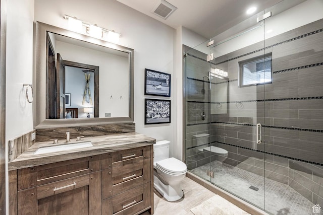 1159 Snow Berry St, Park City, UT 84098 - bathroom with toilet, visible vents, tile patterned flooring, a shower stall, and vanity