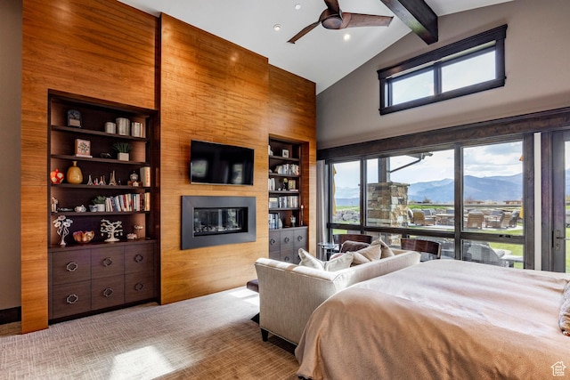 1159 Snow Berry St, Park City, UT 84098 - carpeted bedroom with a fireplace, beamed ceiling, and high vaulted ceiling