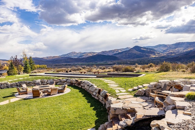 1159 Snow Berry St, Park City, UT 84098 - view of yard featuring a fire pit, a mountain view, and a patio