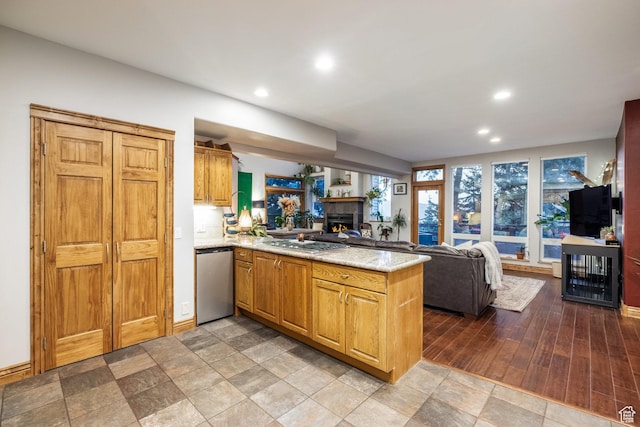 105 Paradise Rd, Summit Park, UT 84098 - kitchen with a peninsula, a warm lit fireplace, open floor plan, recessed lighting, and light stone counters