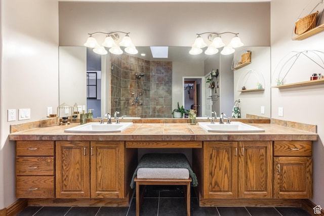 105 Paradise Rd, Summit Park, UT 84098 - bathroom with tiled shower, double vanity, and tile patterned floors