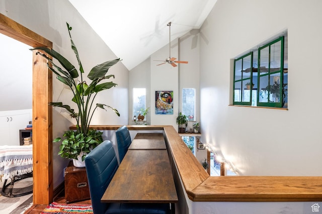 105 Paradise Rd, Summit Park, UT 84098 - dining space featuring high vaulted ceiling, ceiling fan, and an office area