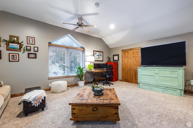 105 Paradise Rd, Summit Park, UT 84098 - carpeted living area with an office area, vaulted ceiling, a ceiling fan, and baseboards