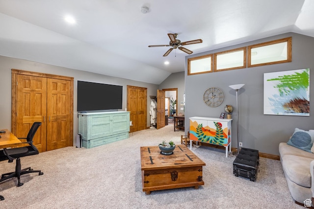 105 Paradise Rd, Summit Park, UT 84098 - living room featuring lofted ceiling, carpet floors, a ceiling fan, and a desk