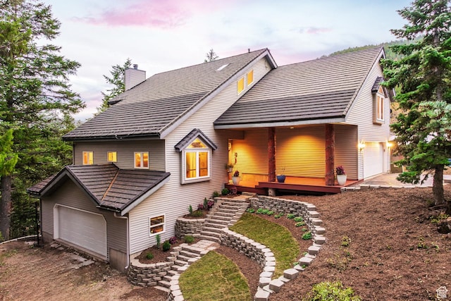 105 Paradise Rd, Summit Park, UT 84098 - chalet / cabin with a chimney, a tiled roof, a garage, and stairway