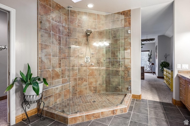 105 Paradise Rd, Summit Park, UT 84098 - full bath featuring a shower stall, vanity, baseboards, tile patterned floors, and recessed lighting