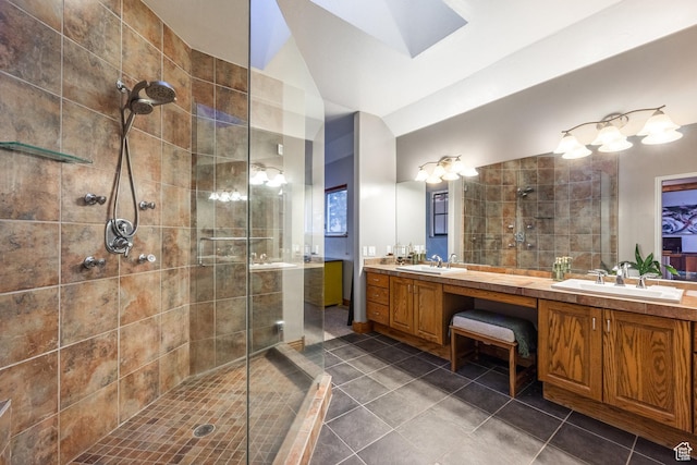 105 Paradise Rd, Summit Park, UT 84098 - bathroom featuring lofted ceiling, a stall shower, double vanity, and tile patterned floors