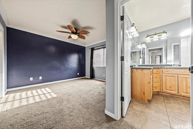 1758 W 5025 S, Roy, UT 84067 - bathroom featuring vanity, a ceiling fan, baseboards, and ornamental molding
