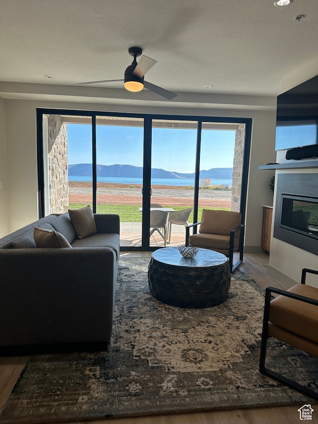 living room featuring a textured ceiling, wood-type flooring, a healthy amount of sunlight, and ceiling fan