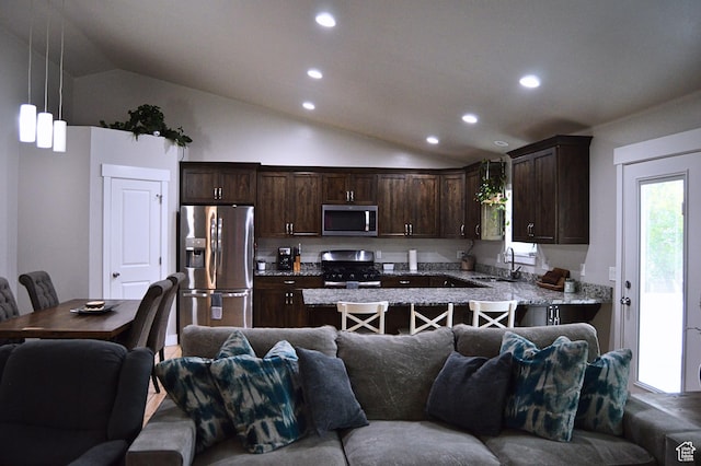 kitchen with dark brown cabinetry, lofted ceiling, appliances with stainless steel finishes, and open floor plan