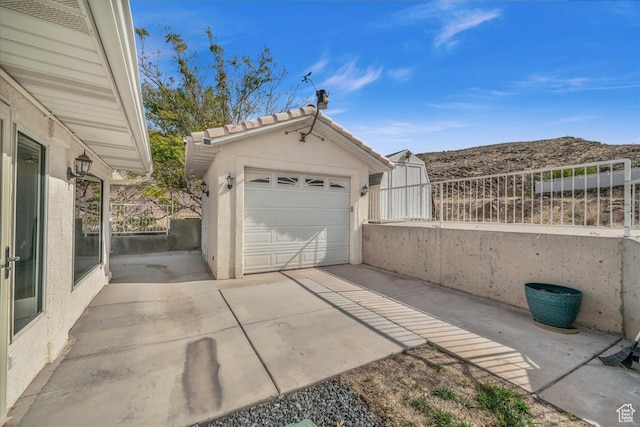 garage with a mountain view