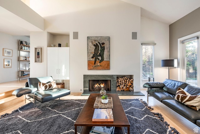 671 N Freeze Creek Cir, Emigration Canyon, UT 84108 - living room with wood finished floors, a premium fireplace, and high vaulted ceiling