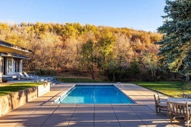 671 N Freeze Creek Cir, Emigration Canyon, UT 84108 - swimming pool with a patio area, a wooded view, and a lawn