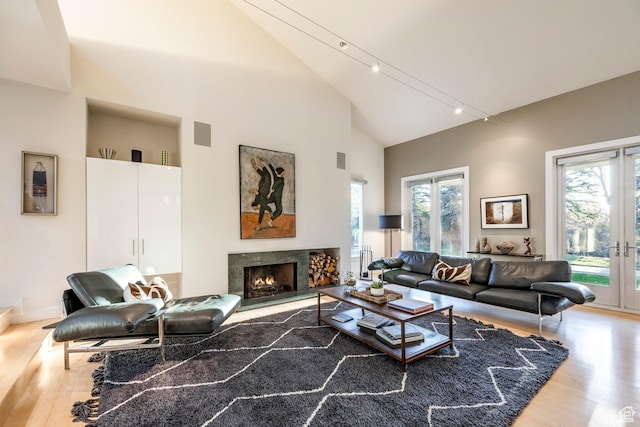 671 N Freeze Creek Cir, Emigration Canyon, UT 84108 - living room featuring wood finished floors, high vaulted ceiling, a premium fireplace, and track lighting