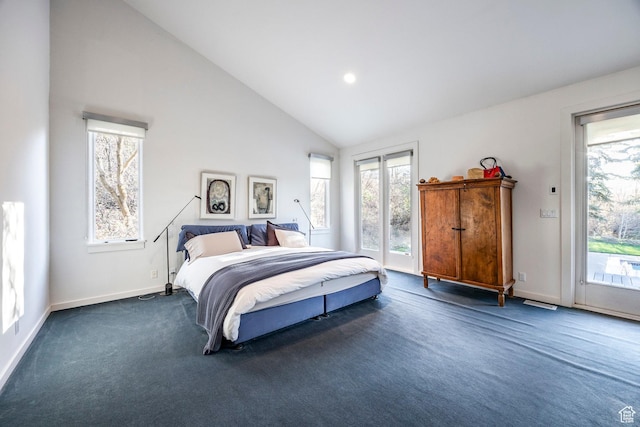 671 N Freeze Creek Cir, Emigration Canyon, UT 84108 - bedroom with dark carpet, access to outside, baseboards, and high vaulted ceiling
